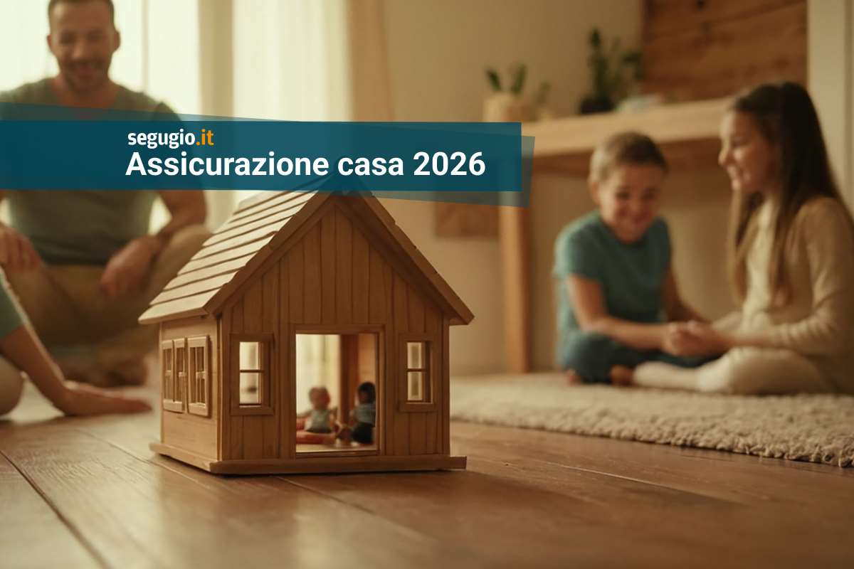 famiglia seduta attorno a un modellino di casa in legno