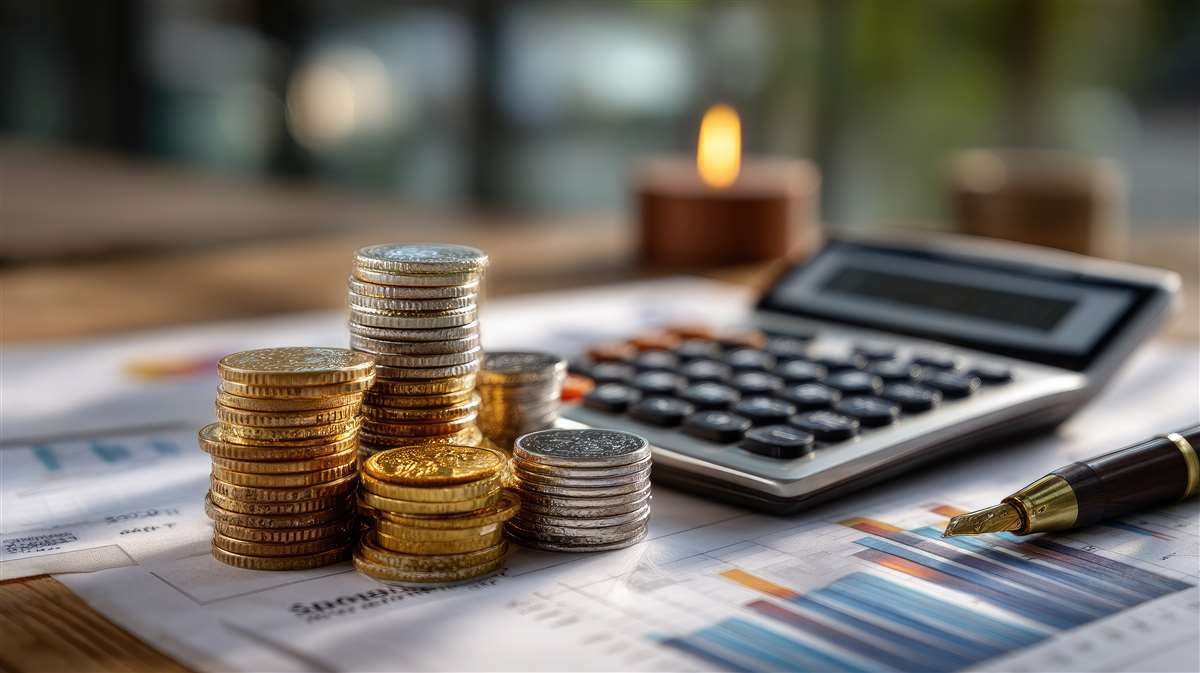 pile di monete, calcolatrice, grafici e penna