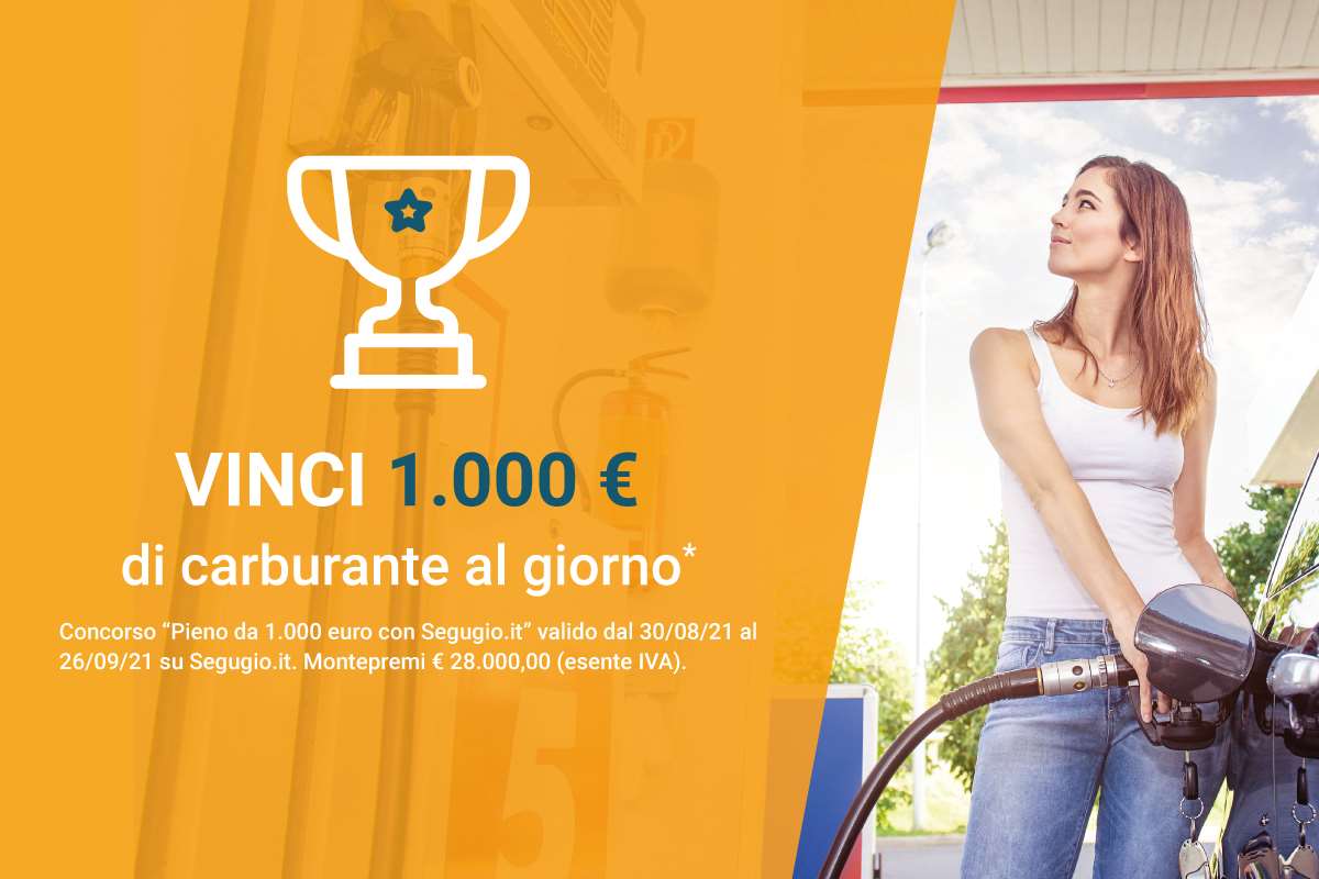 concorso segugio buoni carburante ragazza che fa benzina e scritta del concorso di segugio buoni carburante 2021