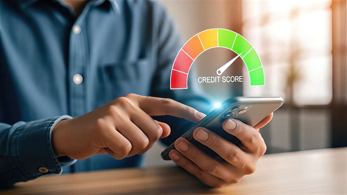 persona clicca sullo schermo di uno smatphone che mostra un grafico di credit score