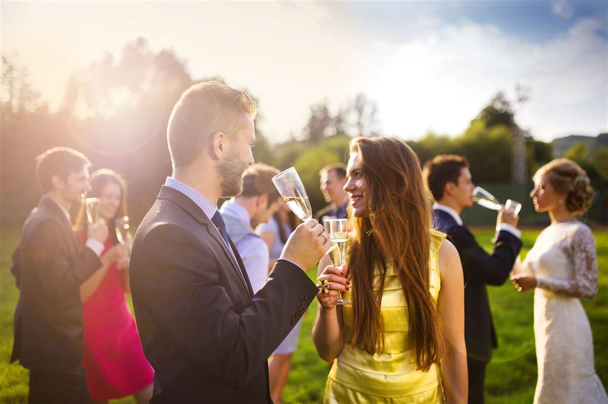 invitati giovani brindano a un matrimonio