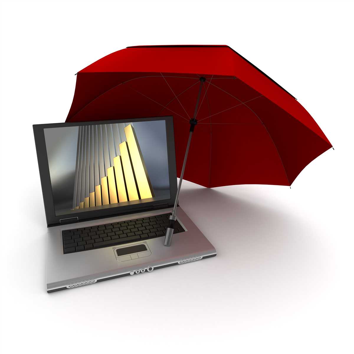 ombrello rosso a protezione di un computer che riporta un grafico sullo schermo