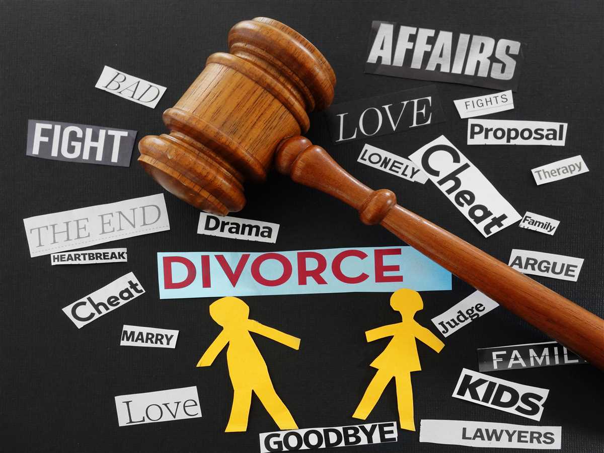 martelletto del giudice su sfondo nero ed etichette che fanno riferimento al divorzio