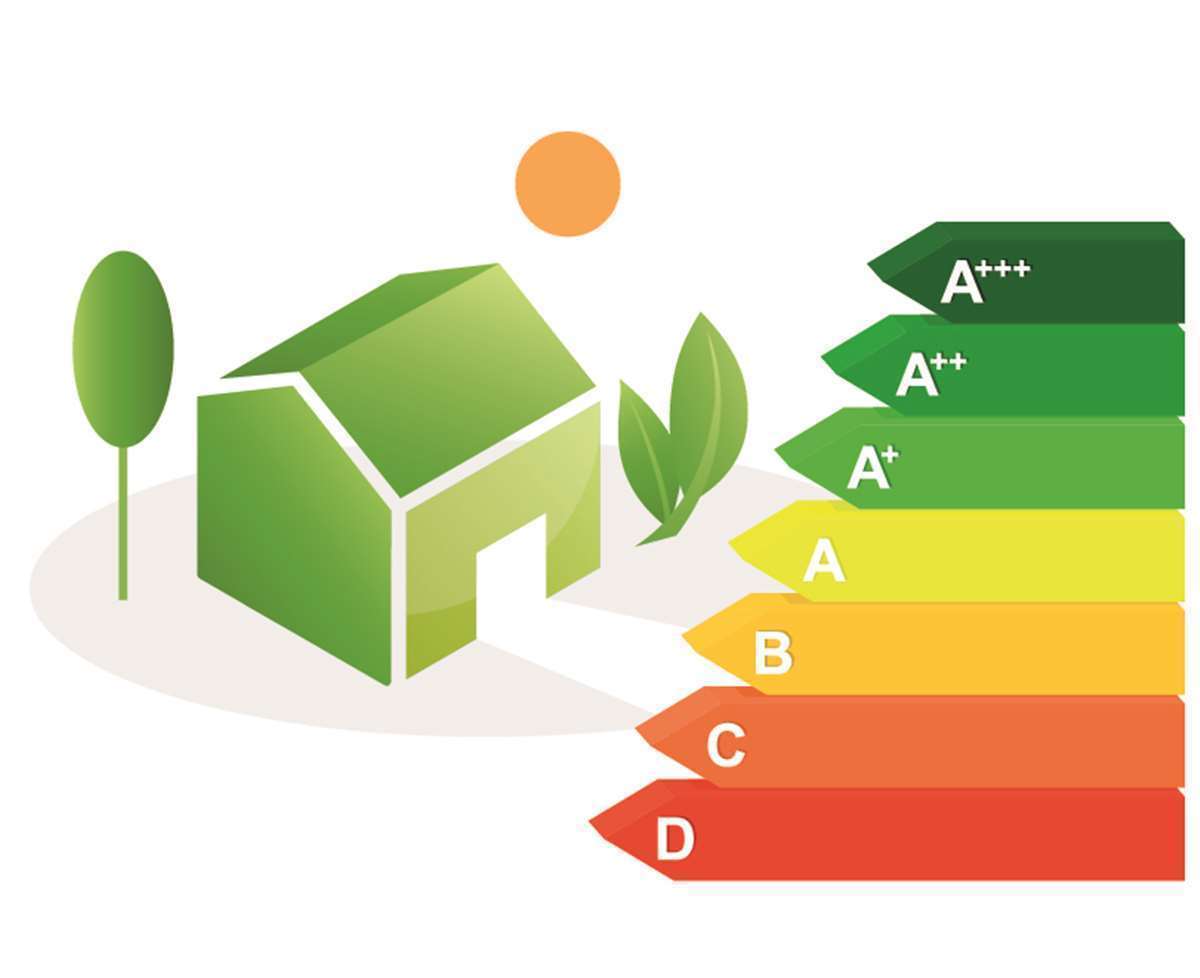 Casa verde stilizzata con indicazione delle classi energetiche