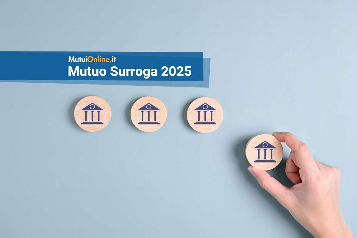 offerte di mutuo surroga 2025 icone di banca stilizzate e una mano che aggiunge un nuovo elemento