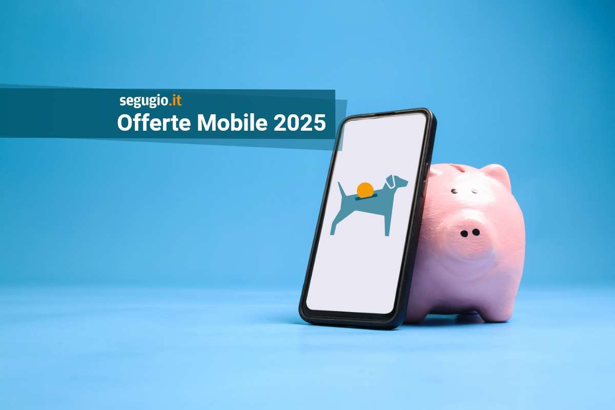 offerte mobile 2025 cellulare con sfondo di segugio.it appoggiato a un salvadanaio