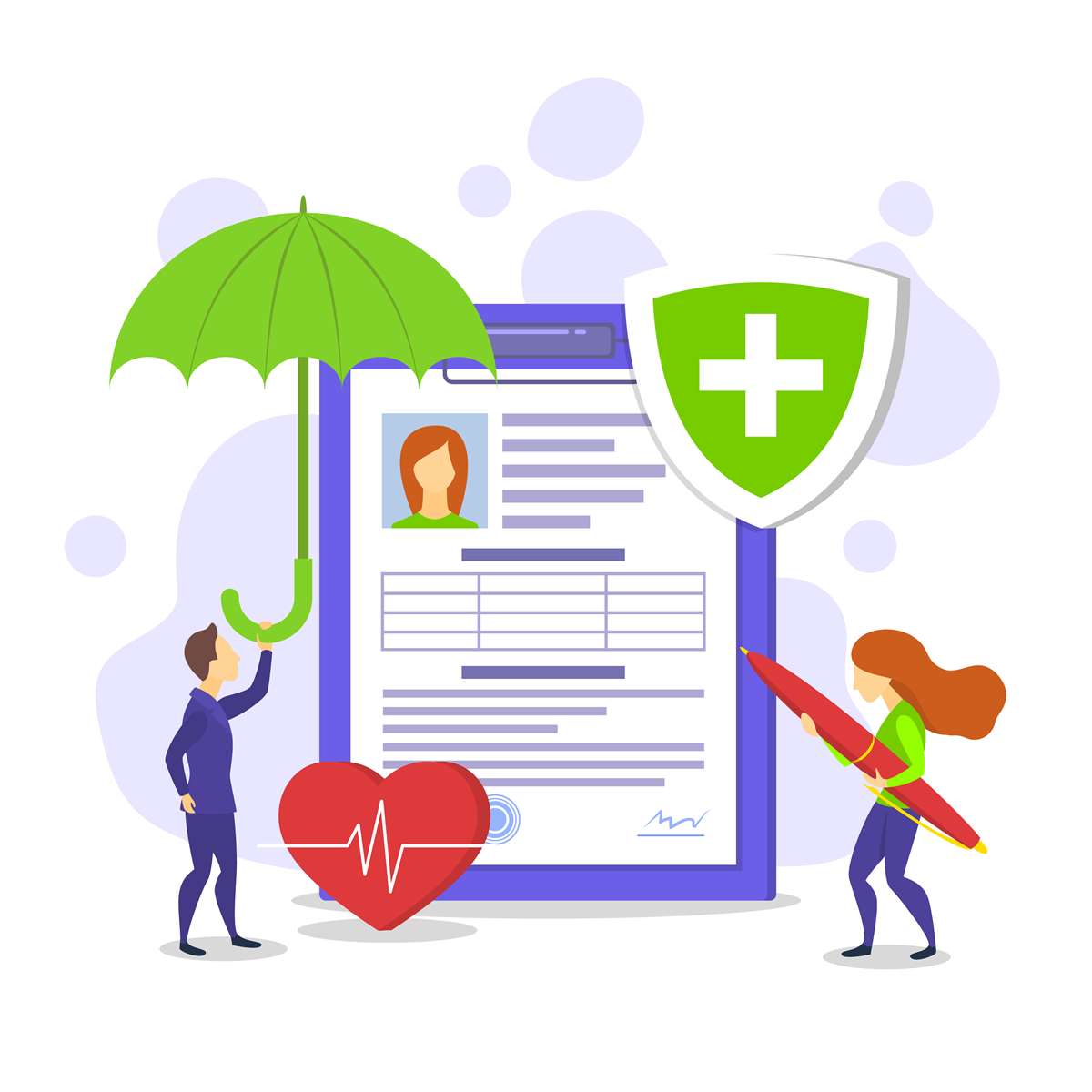 donna che compila questionario medico e uomo che sorregge ombrello, indicando protezione
