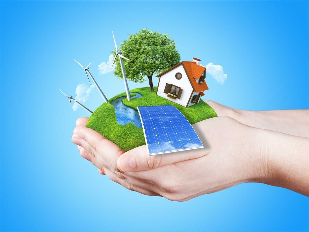 mani reggono casa circondata dal verde, pannelli solari e pale eoliche