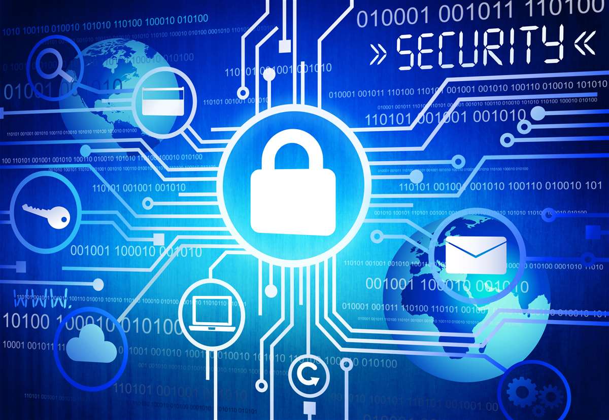 grafica sulla sicurezza delle banche, con icone di lucchetto, chiavi, carte di credito, mail, pc