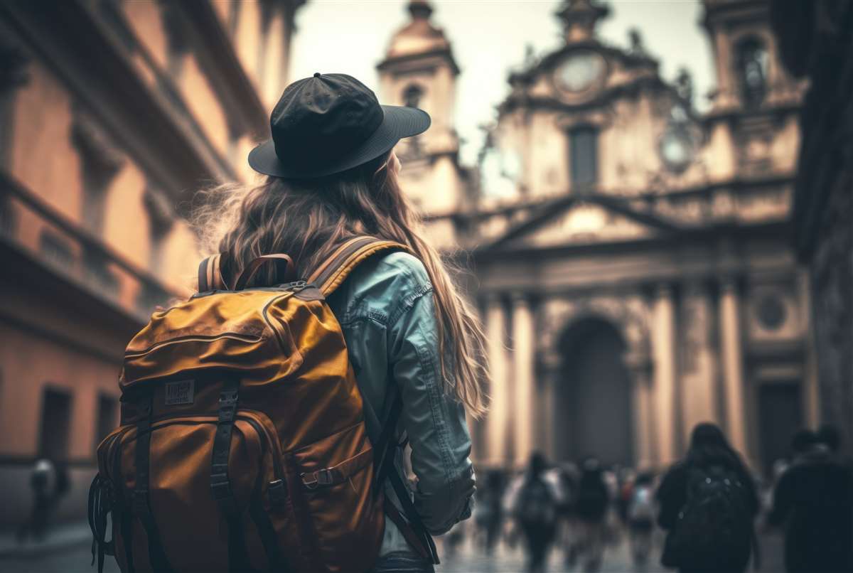 donna con zaino in spalla visita città